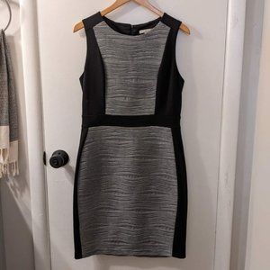 Black and grey, fitted, knee-length cocktail dress
